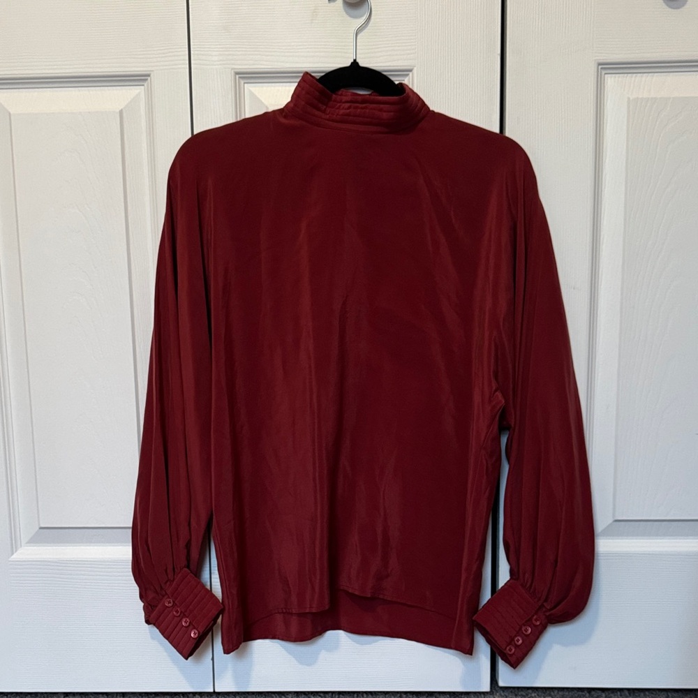 Vintage Fall Holiday 100% SILK Burgundy High Neck whimisgoth long sleeve Blouse